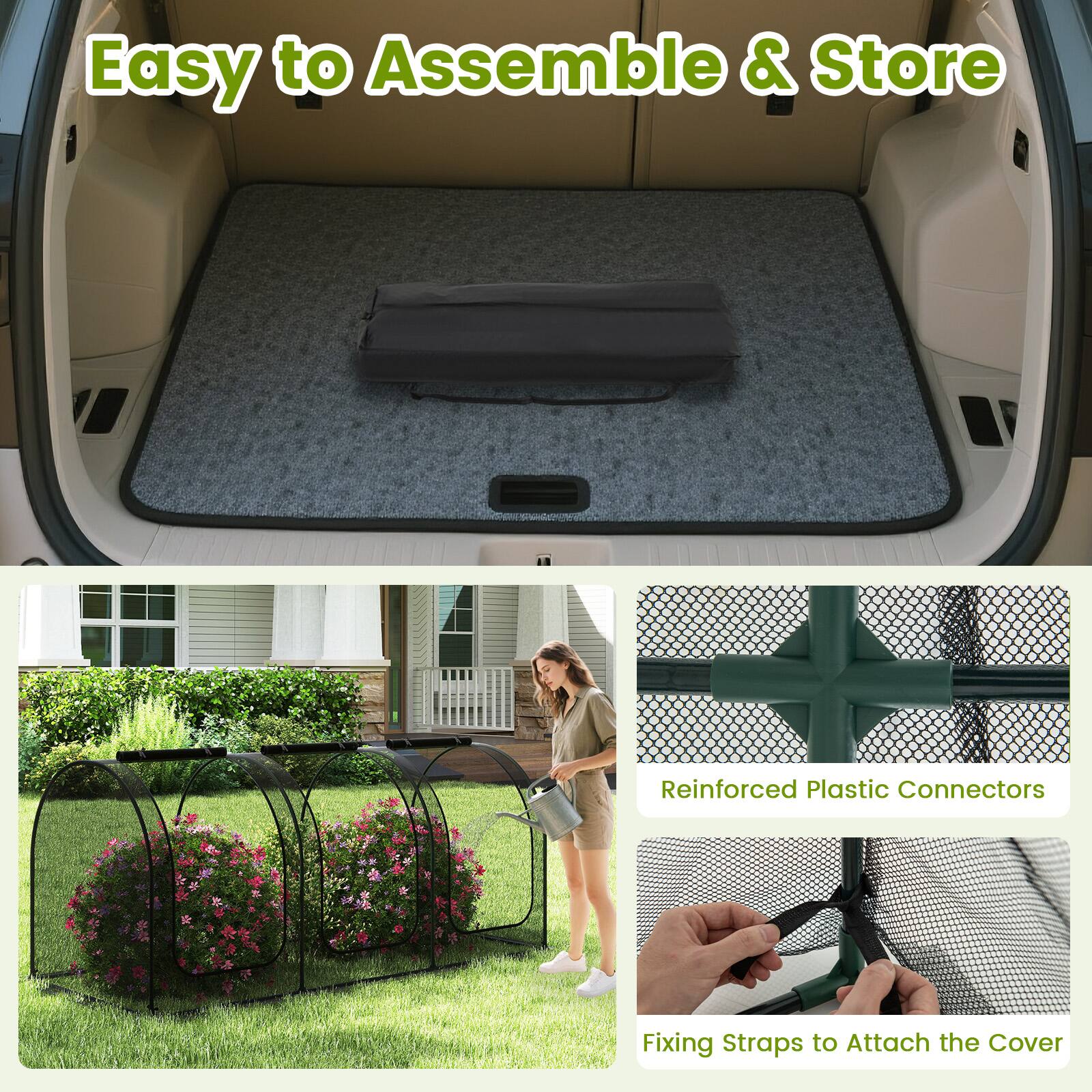 Easy to Assemble & Store

Reinforced Plastic Connectors

Fixing Straps to Attach the Cover