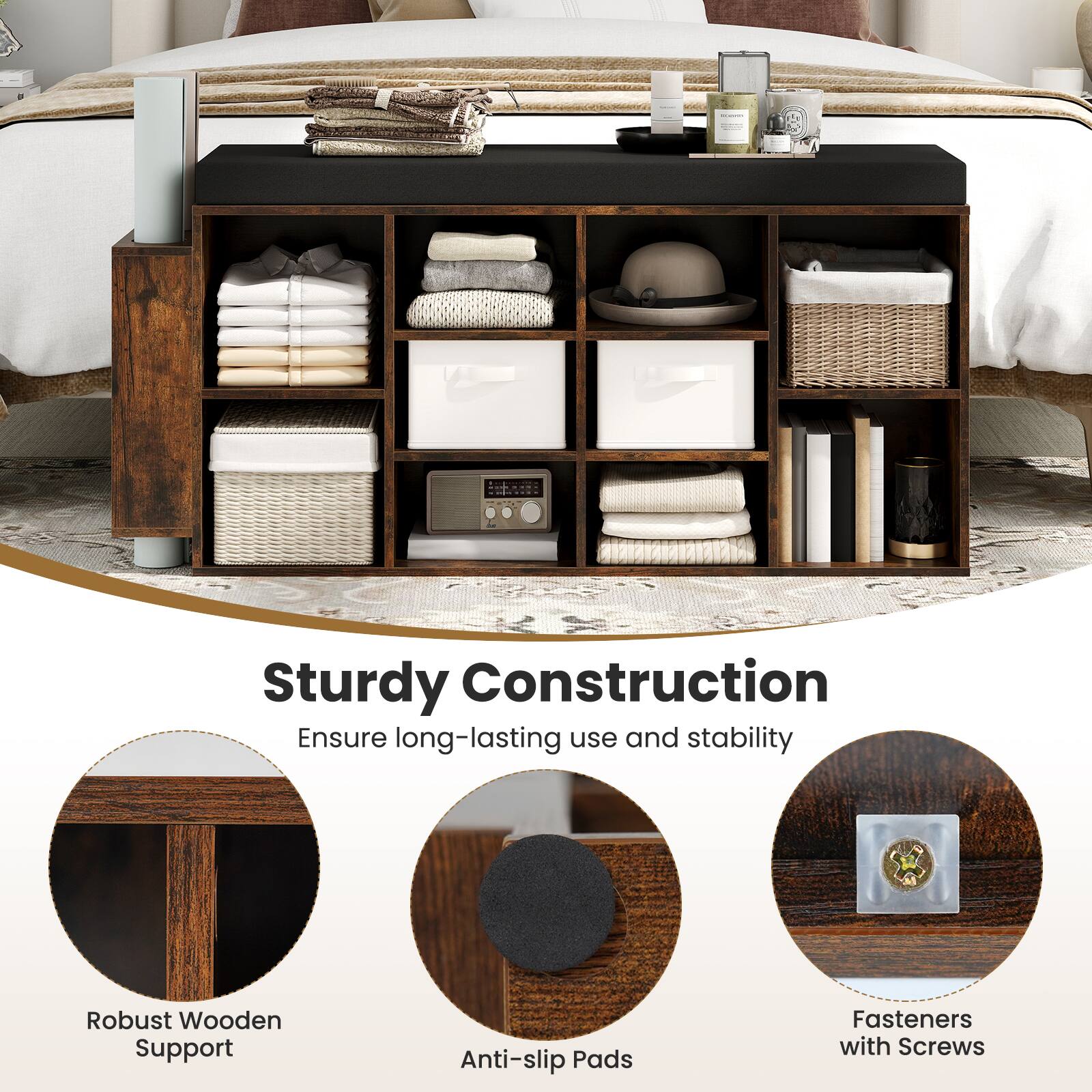 Sturdy Construction  
Ensure long-lasting use and stability  

- Robust Wooden Support  
- Anti-slip Pads  
- Fasteners with Screws