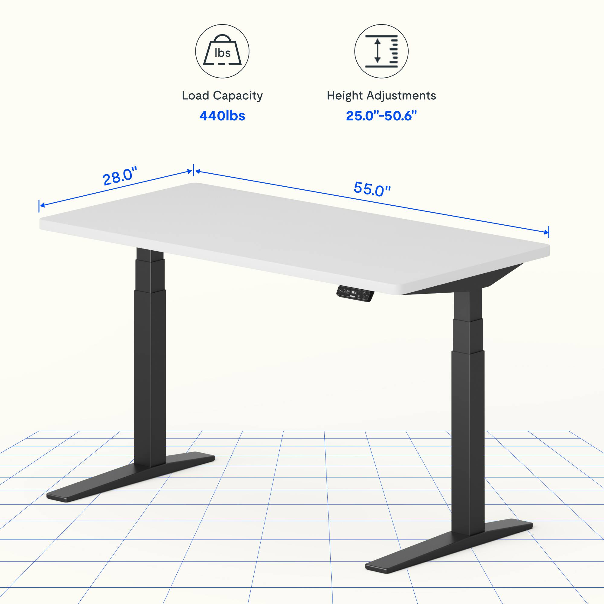 Load Capacity: 440lbs  
Height Adjustments: 25.0"-50.6"  
Table Dimensions: 28.0" x 55.0"