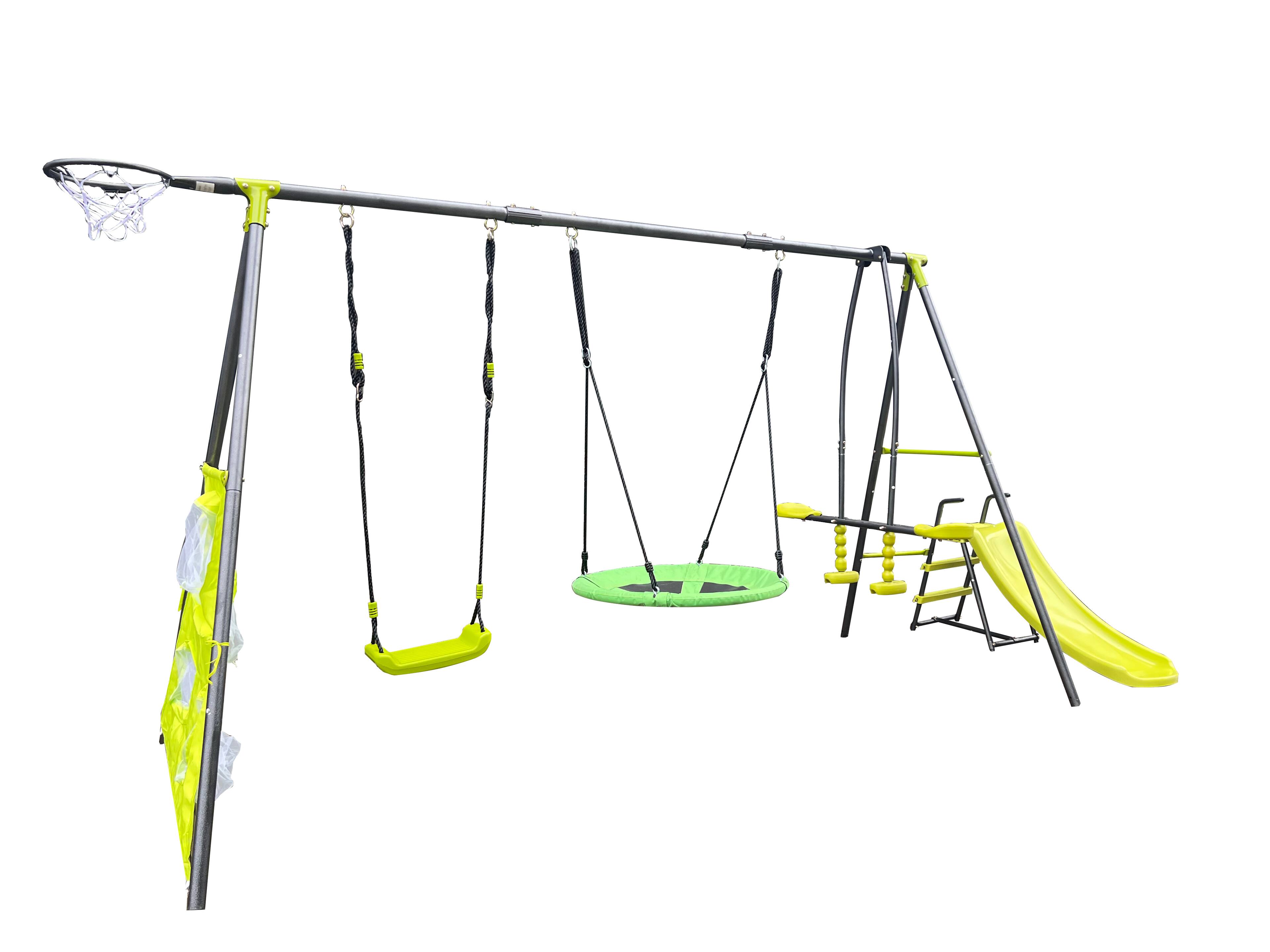 Alt View 6. Siljoy - 6‑in‑1 Blue & Green Swing Set with Net Swing, Slide, Hoop, 440lb Capacity, for Age 3+ Outdoor Play - Green.