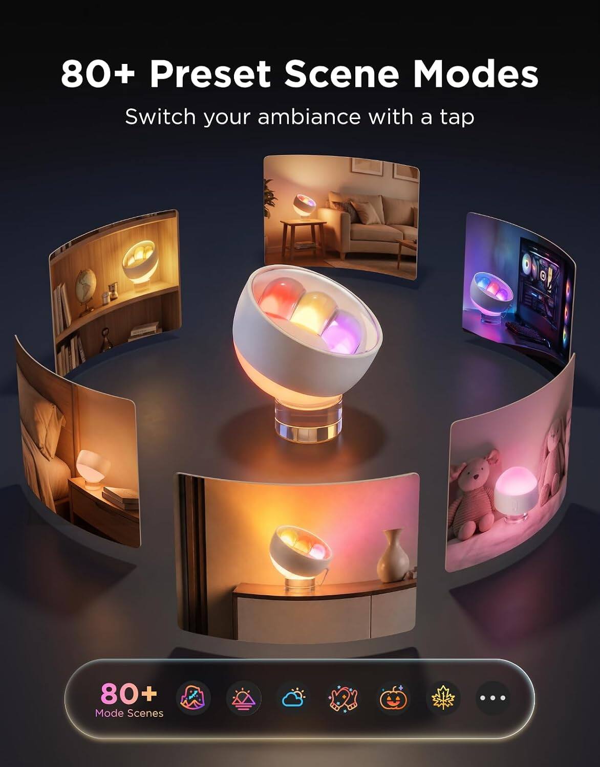80+ Preset Scene Modes  
Switch your ambiance with a tap  

80+ Mode Scenes