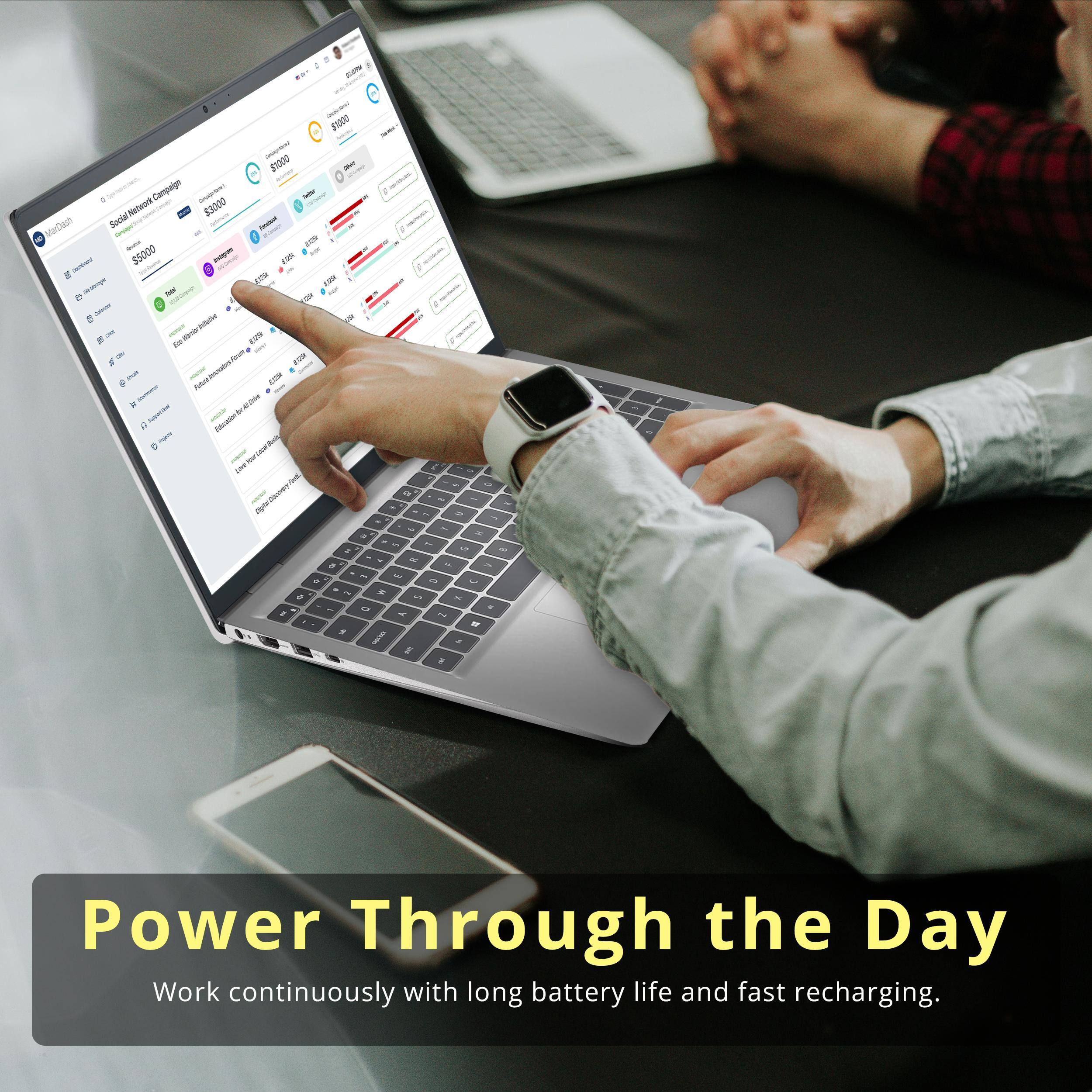 $1000 - Campaign - $3000 MarDash Seoiat - $5000 - $500 - En tenorPdate AMB - Menmore - Power Through the Day Work continuously with long battery life and fast recharging.