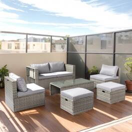Winado - 6PCS Patio Rattan Wicker Furniture Set w/ Ottoman, Coffee Table Sectional Nested Design for In/Outdoor Poolside Backyard - Gray