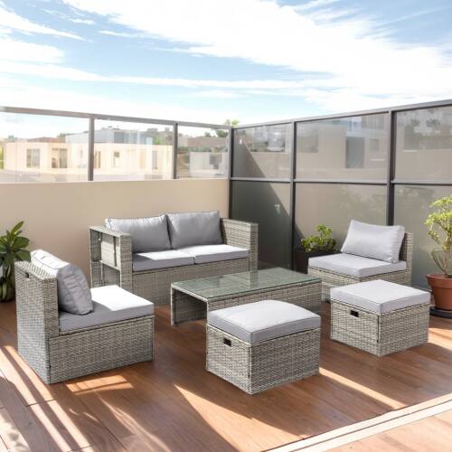 Front. Winado - 6PCS Patio Rattan Wicker Furniture Set w/ Ottoman, Coffee Table Sectional Nested Design for In/Outdoor Poolside Backyard - Gray.