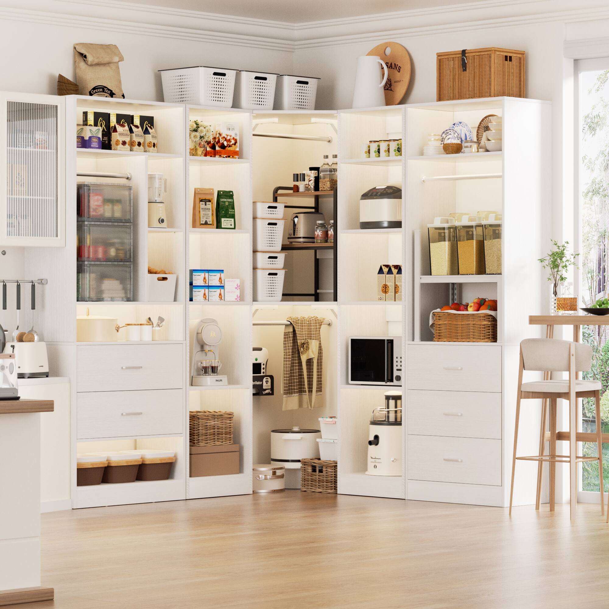 Aheaplus L Shaped Closet System: 5 Drawers, 15+ Shelves, 4 Hanging