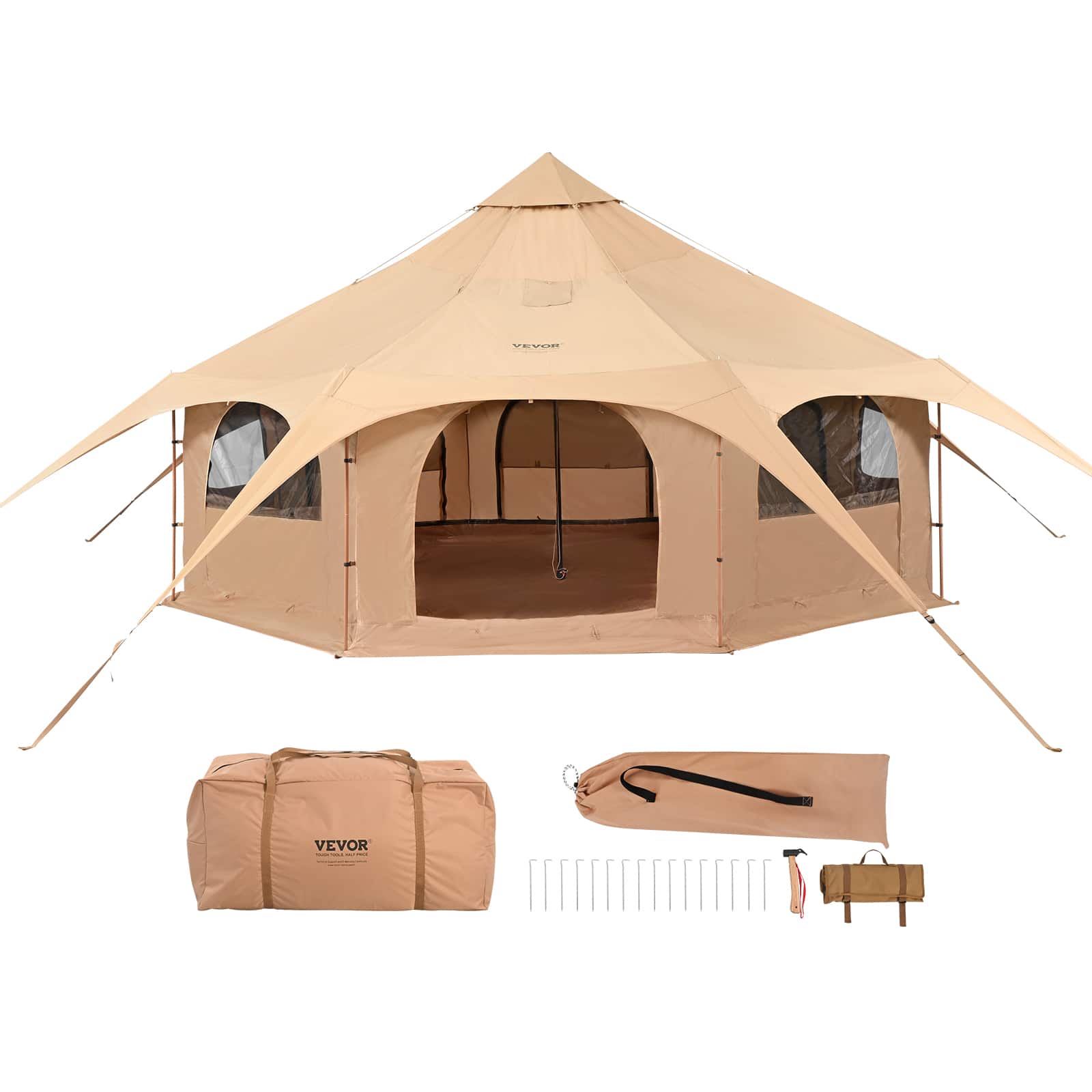 VEVOR - Canvas Tent, 4 Seasons 5 m/16.4 ft Bell Tent, Canvas Tent for Camping with Stove Jack, Yurt Tent for up to 8 People - Beige