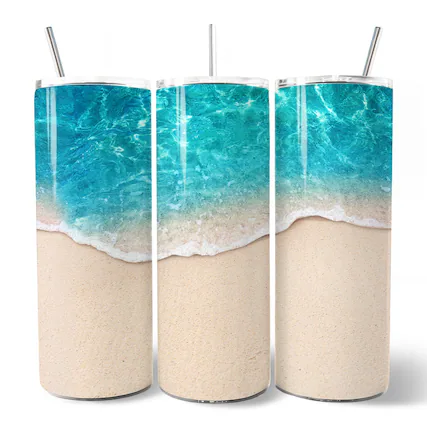 Front. OrnamentallyYou - Turquoise Ocean Shore 20oz Tumbler With Lid and Stainless Steel Straw - Multicolored.