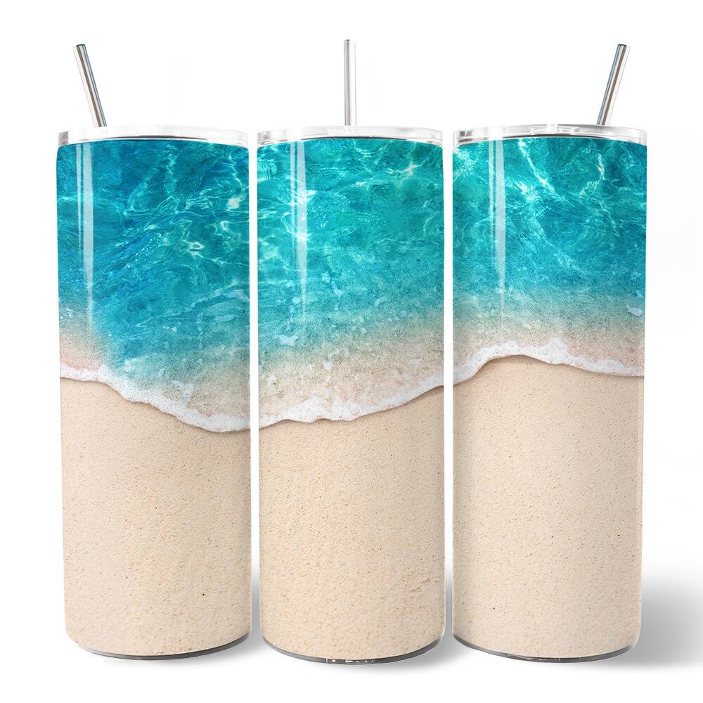 Front. OrnamentallyYou - Turquoise Ocean Shore 20oz Tumbler With Lid and Stainless Steel Straw - Multicolored.