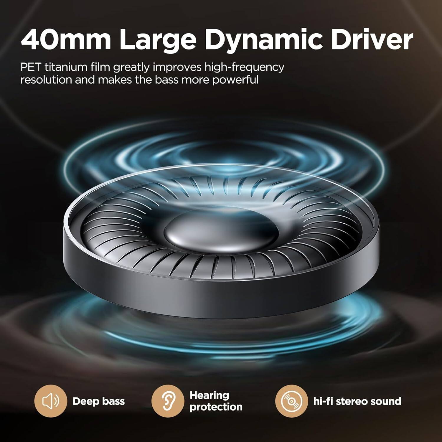 40mm Large Dynamic Driver

PET titanium film greatly improves high-frequency resolution and makes the bass more powerful

- Deep bass
- Hearing protection
- hi-fi stereo sound