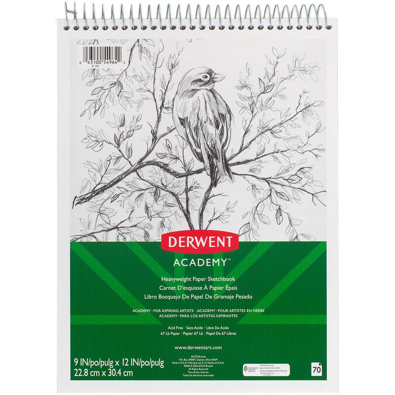 LCN 0 43100 54966  
DERWENT ACADEMY Heavyweight Paper Sketchbook  
Carnet D'esquisse Papier pais Libro Bosquejo De Papel De Gramaje Pesado  
ACADEMY FOR ASPIRING ARTISTS  
ACADEMY POUR ARTISTES IN HERBE  
ACADEMY PARA LOS ARTISTAS ASPIRANTES  
Acid Free Sans Acide Libre De Acids  
67 Lb Paper Papier 47 LE Papel De 67 Libras  
www.derwentart.com  
9 IN/po/pulg x 12 IN/po/pulg  
22.8 cm X 30.4 cm  
70