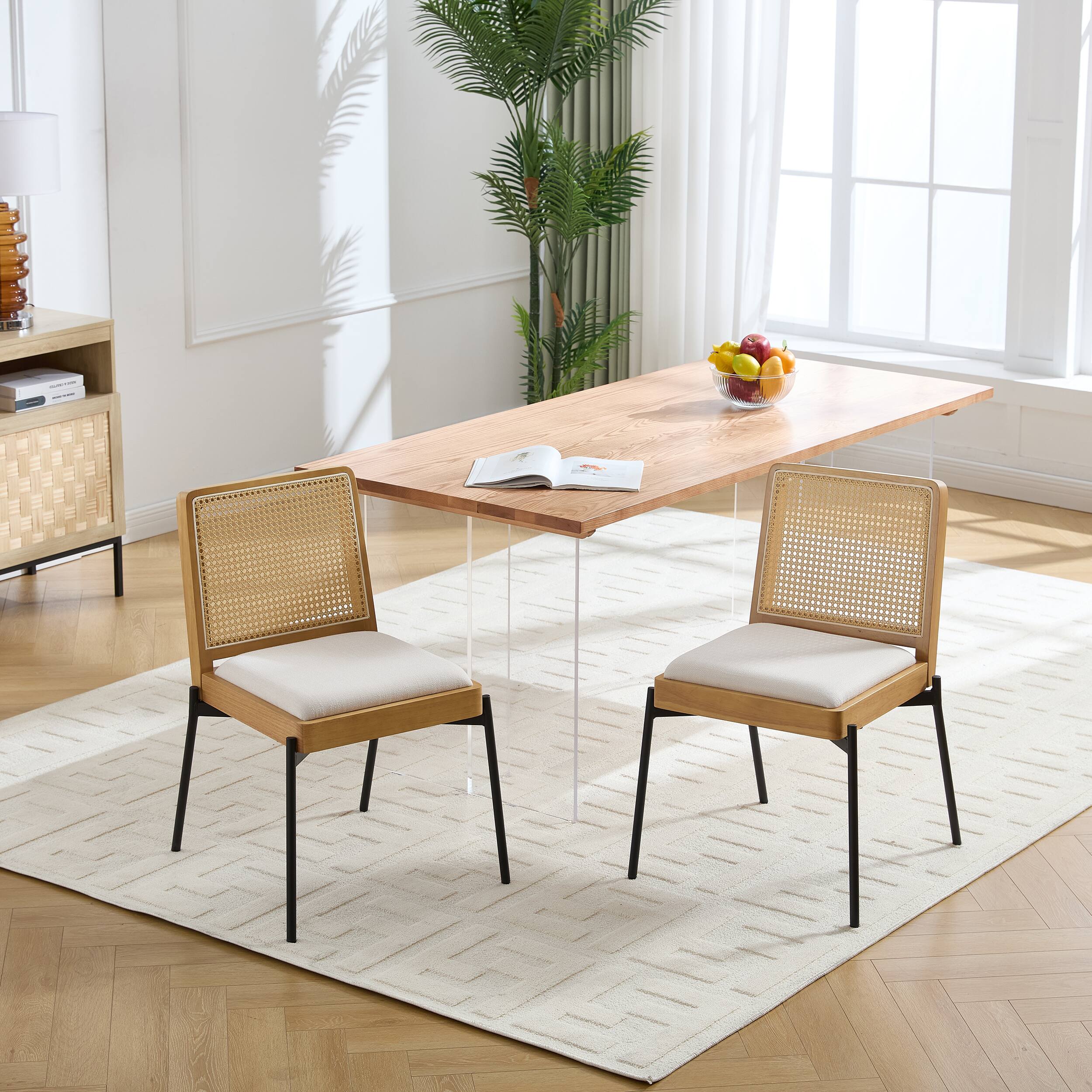 TinyHomie - Mid-Century Dining Chairs Set of 2 Accent Linen Fabric Side Chairs with Rattan Backrest Metal Legs Kitchen Chairs - Beige