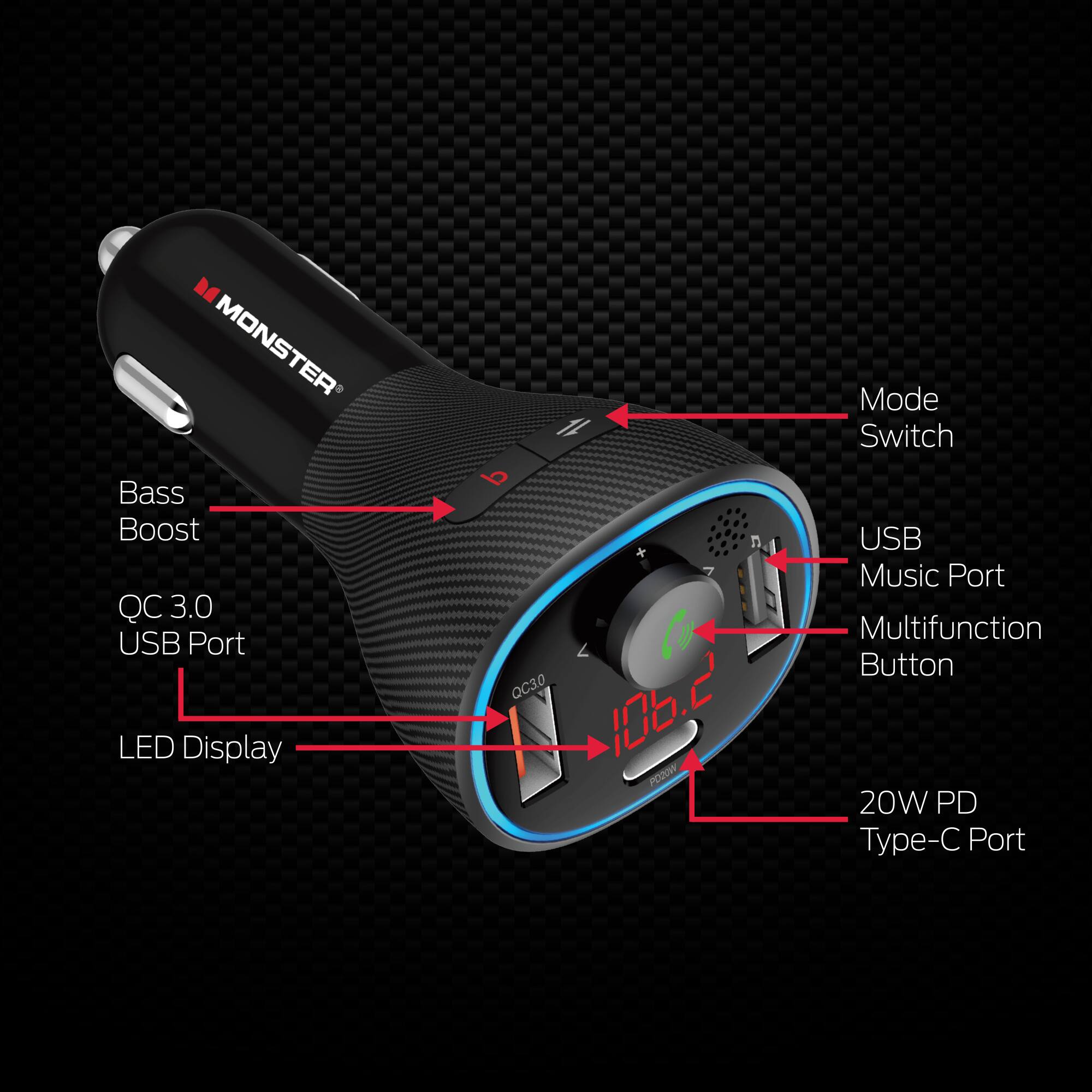 MONSTER Bass Boost QC 3.0 USB Port LED Display 1 d n C QC30 106.2 PORTA Mode Switch USB Music Port Multifunction Button 20W PD Type-C Port