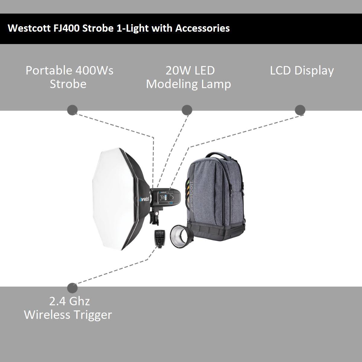 Westcott FJ400 Strobe 1-Light with Accessories Portable 400Ws Strobe 20W LED Modeling Lamp LCD Display 2.4 Ghz Wireless Trigger