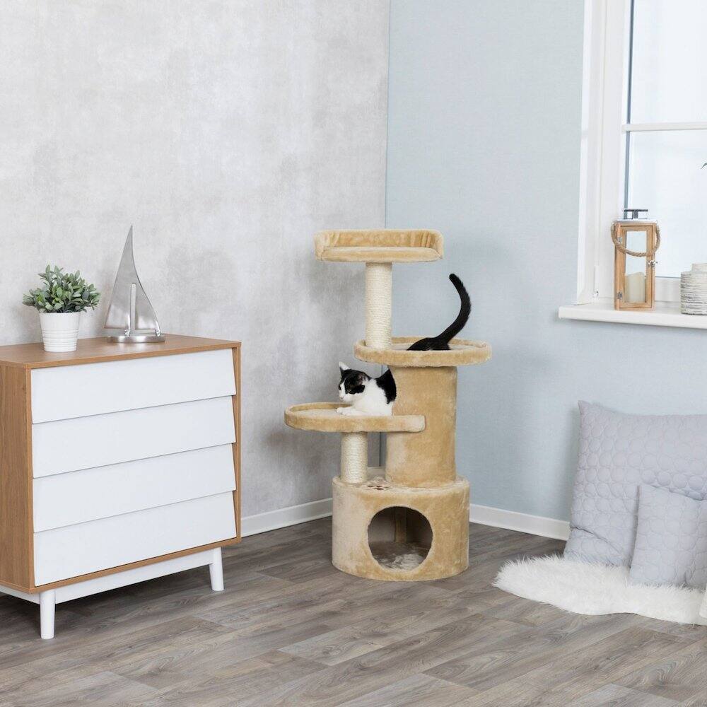 Left. TRIXIE - Oviedo Plush 3-Level Cat Tree with Sisal Scratching Posts, Condo & Tunnel - Beige.