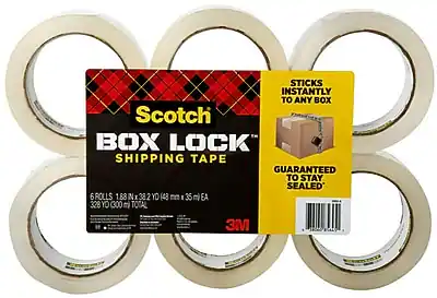Scotch Box Lock Shipping Tape
Sticks Instantly to Any Box
Guaranteed to Stay Sealed
6 Rolls
1.88" x 38.2 YD (43 mm x 35 m EA)
328 YD (300 m) Total
3M
