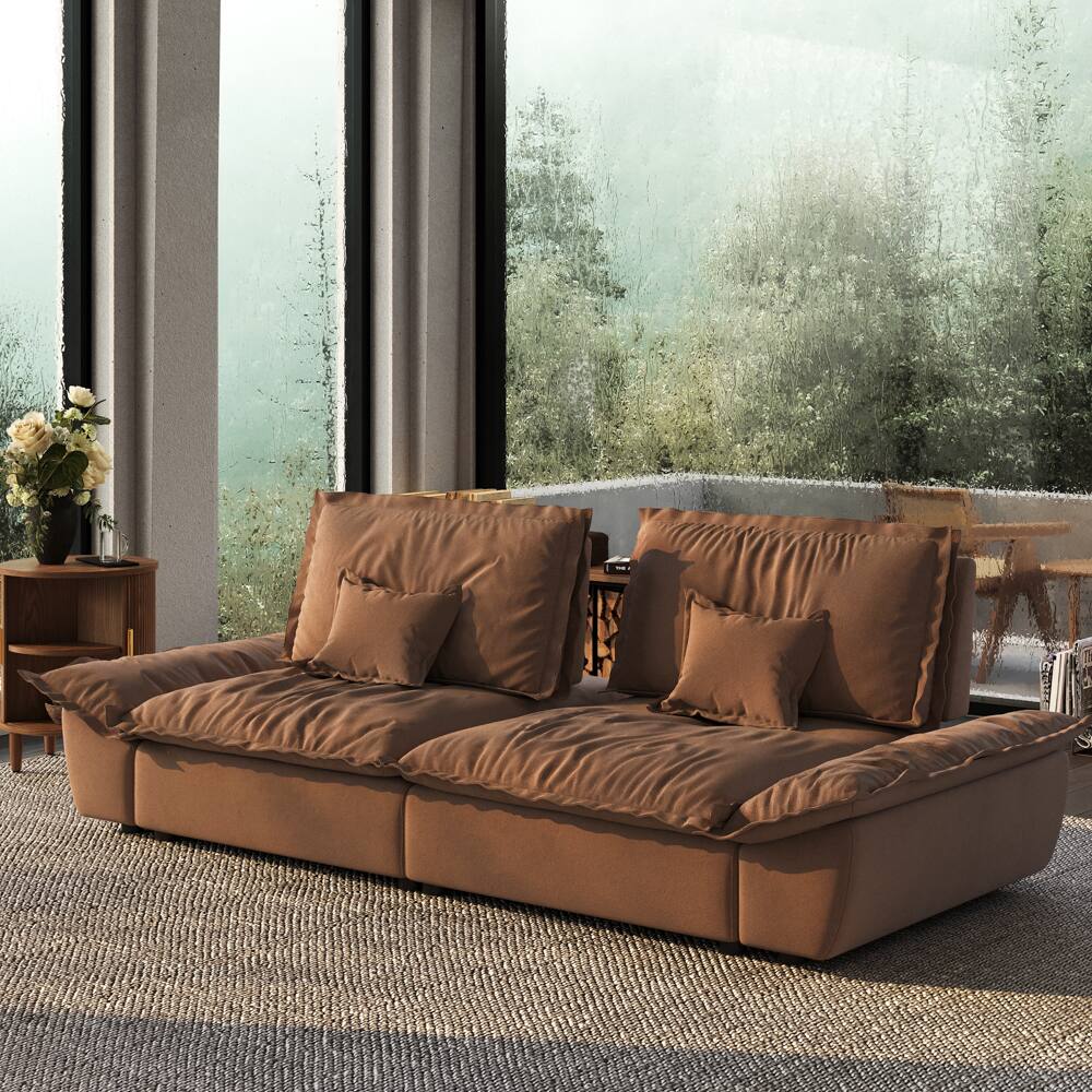 Left. POVISON - 104.33" Sailboat Deep Sofa Stain Resistant Cozy Couch with Adjustable Backrest - Brown Suede Fabric.