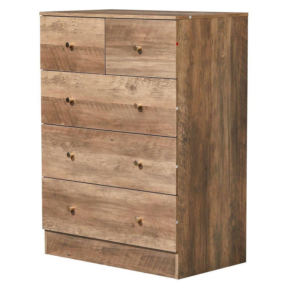 Alt View 6. Kadyn - 5-Drawer Tall Dresser, 3+2 Storage Cabinet with Matte Gold Pulls, Linen Texture - Gray - Gray.