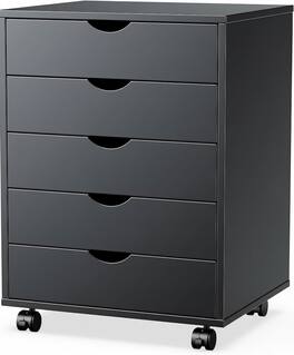 AOITUN - Dark Wood 5-Drawer Chest - Rolling Dresser with Drawers for Bedroom & Office - Black