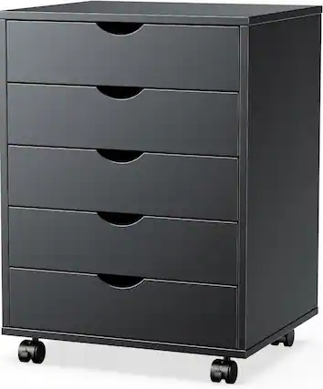Front. AOITUN - Dark Black Wood 5-Drawer Chest - Rolling Dresser with Drawers for Bedroom & Office - Black.