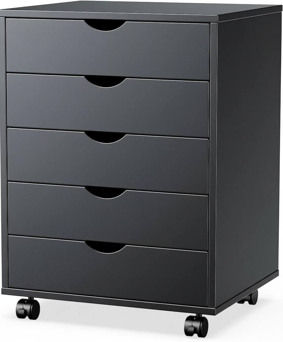 Front. AOITUN - Dark Black Wood 5-Drawer Chest - Rolling Dresser with Drawers for Bedroom & Office - Black.