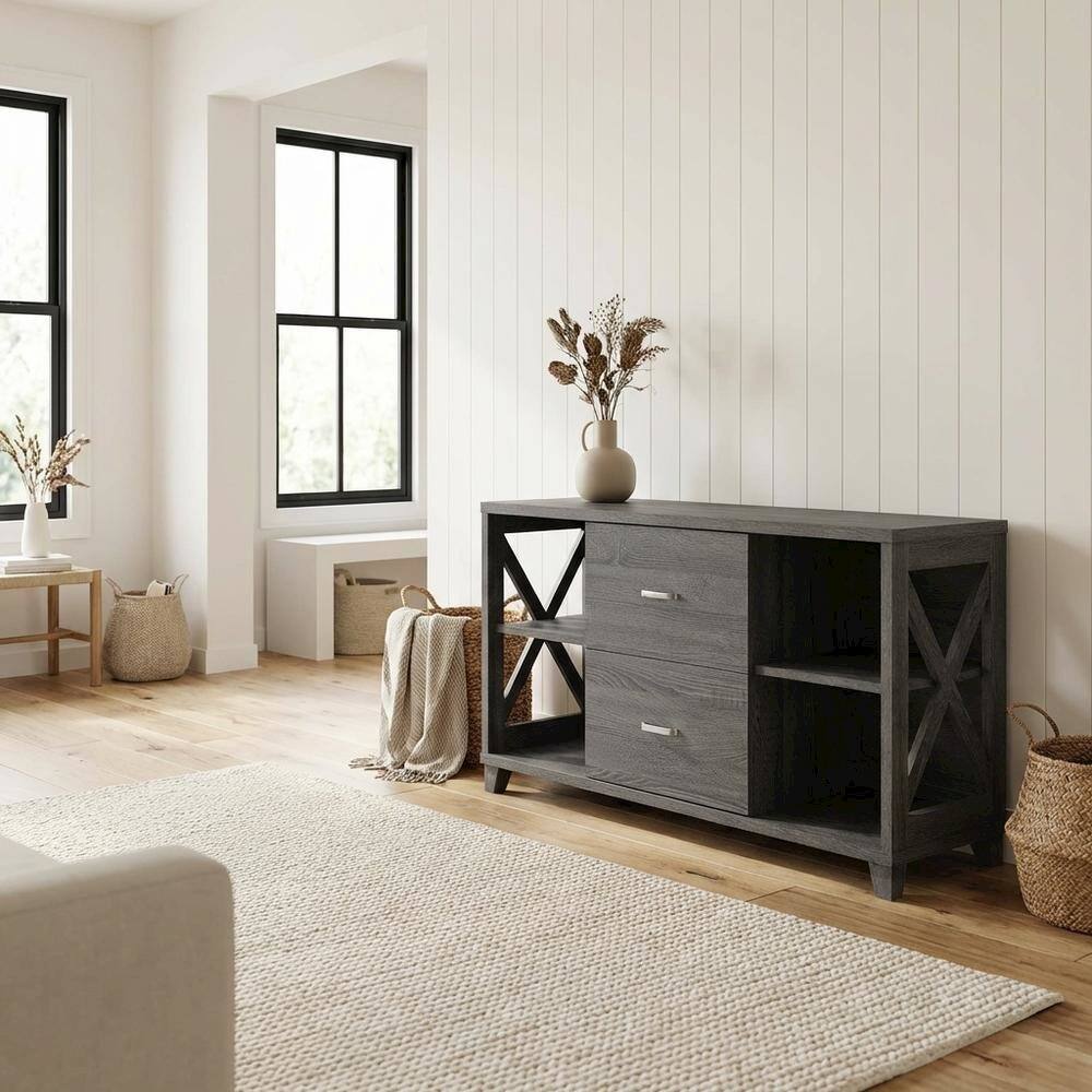Alt View 2. FurniFact - Gray Oxford Deluxe TV Stand with 2 Drawers and Shelves for 55-Inch Screens - Gray.