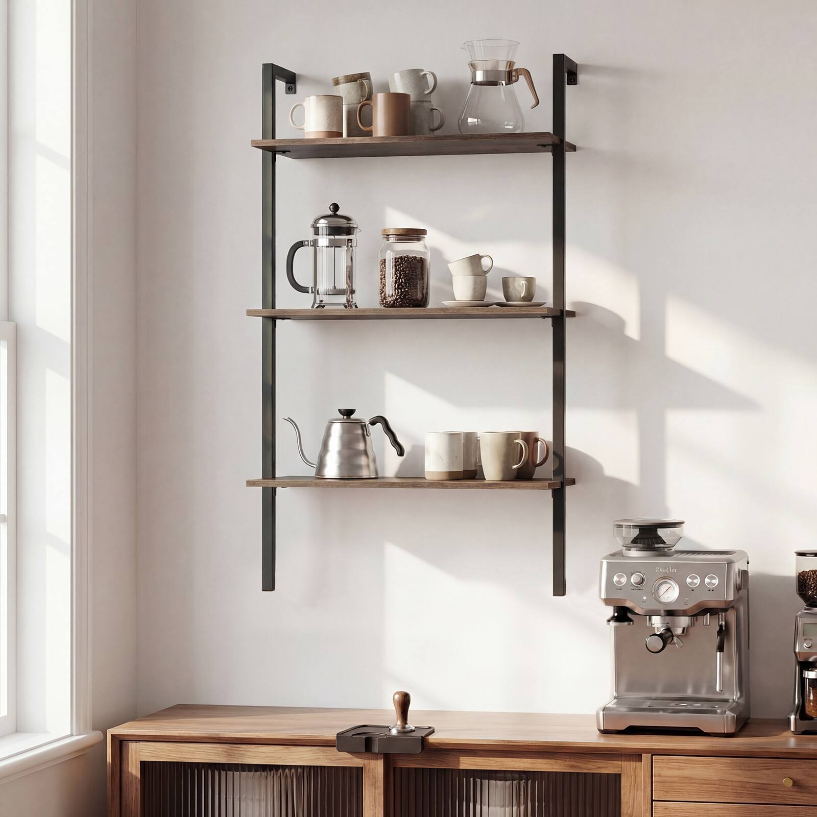 Alt View 3. Costway - Costway 1 PCS Industrial Wall Mounted Shelves, Wooden Floating Shelving Unit - Rustic Brown and Black.