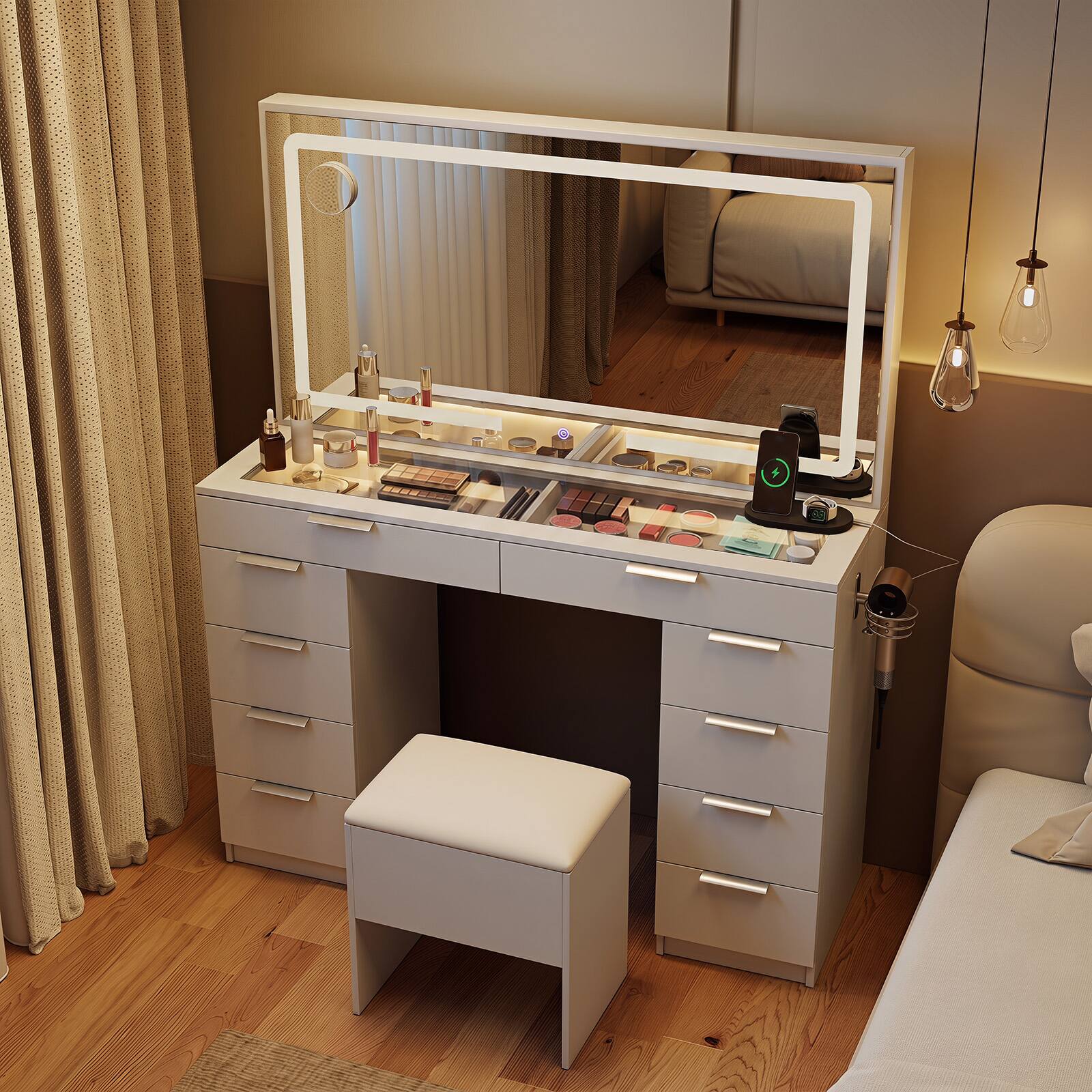Alt View 3. Costway - Costway Vanity Desk with Mirror and Lights, Storage Cushioned Stool, Tempered Glass Top - White.