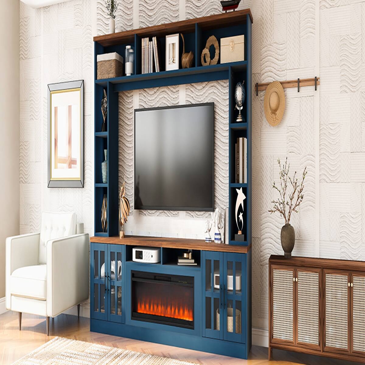 Back. Loheer - Loheer Navy Blue Media Console Entertainment Center with Electric Fireplace Wall Unit for 80 Inch TV - Navy Blue.
