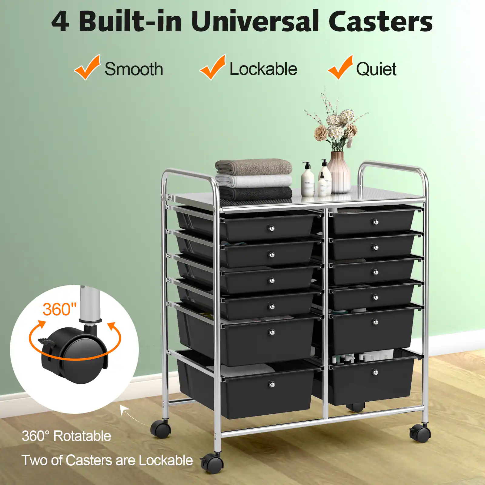 4 Built-in Universal Casters, Smooth, Lockable, Quiet, 360° Rotatable, Two of Casters are Lockable