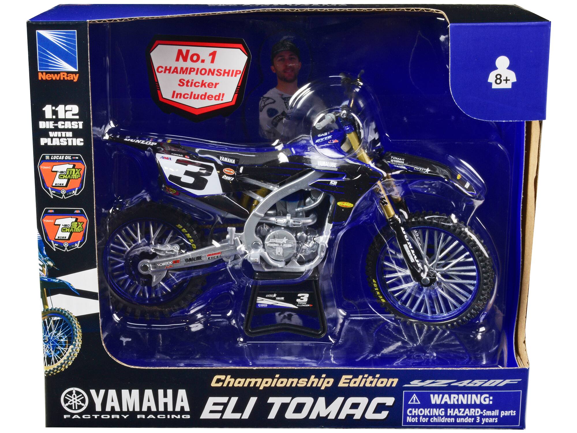 NewRay  
1:12 DIE-CAST WITH PLASTIC  

No. 1 CHAMPIONSHIP Sticker Included!  

YAMAHA  
FACTORY RACING  
ELI TOMAC  

Championship Edition  

WARNING: CHOKING HAZARD - Small parts Not for children under 3 years  

8+