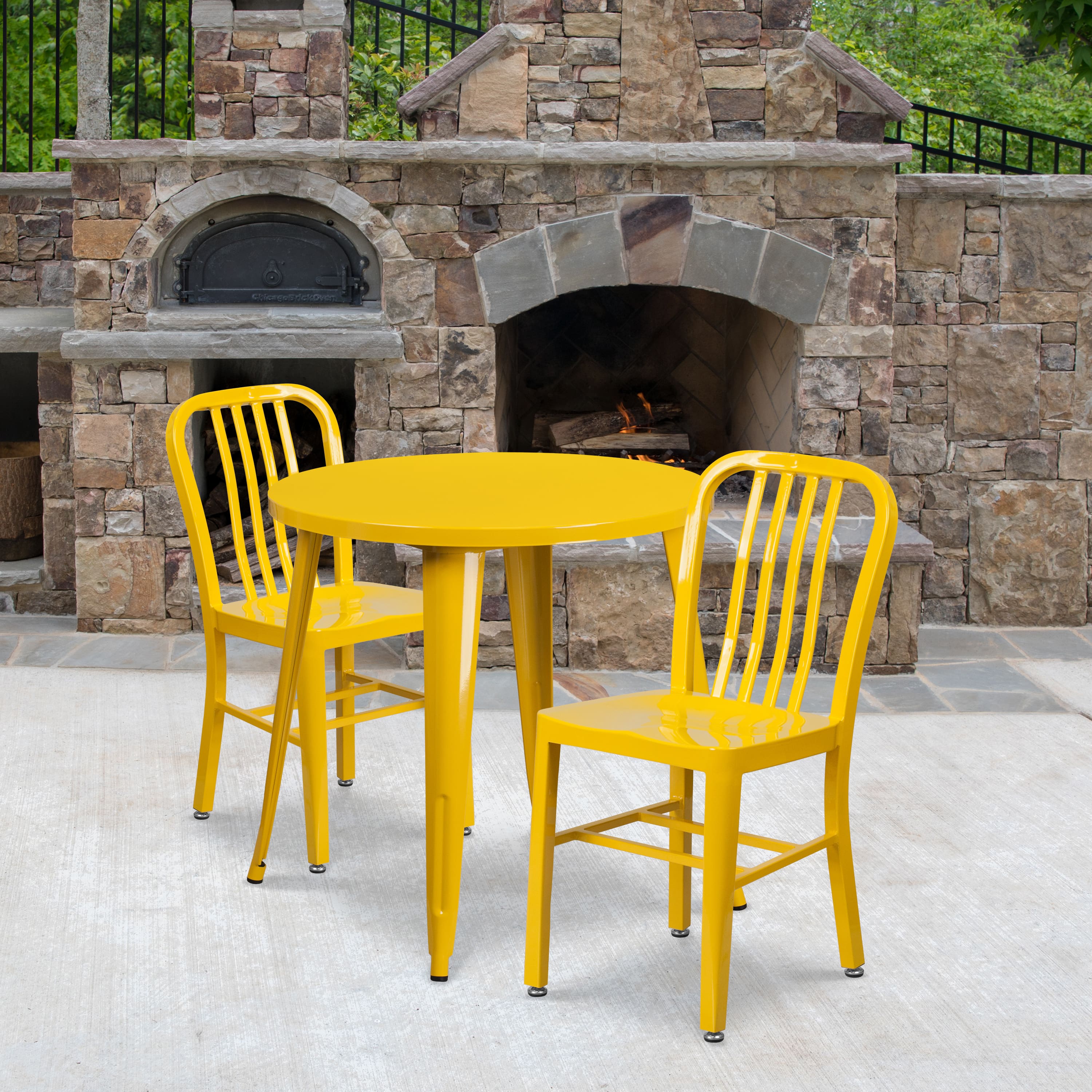 Emma + Oliver - Commercial Grade 30" Round Metal Indoor-Outdoor Table Set & 2 Slat Back Chairs - Yellow