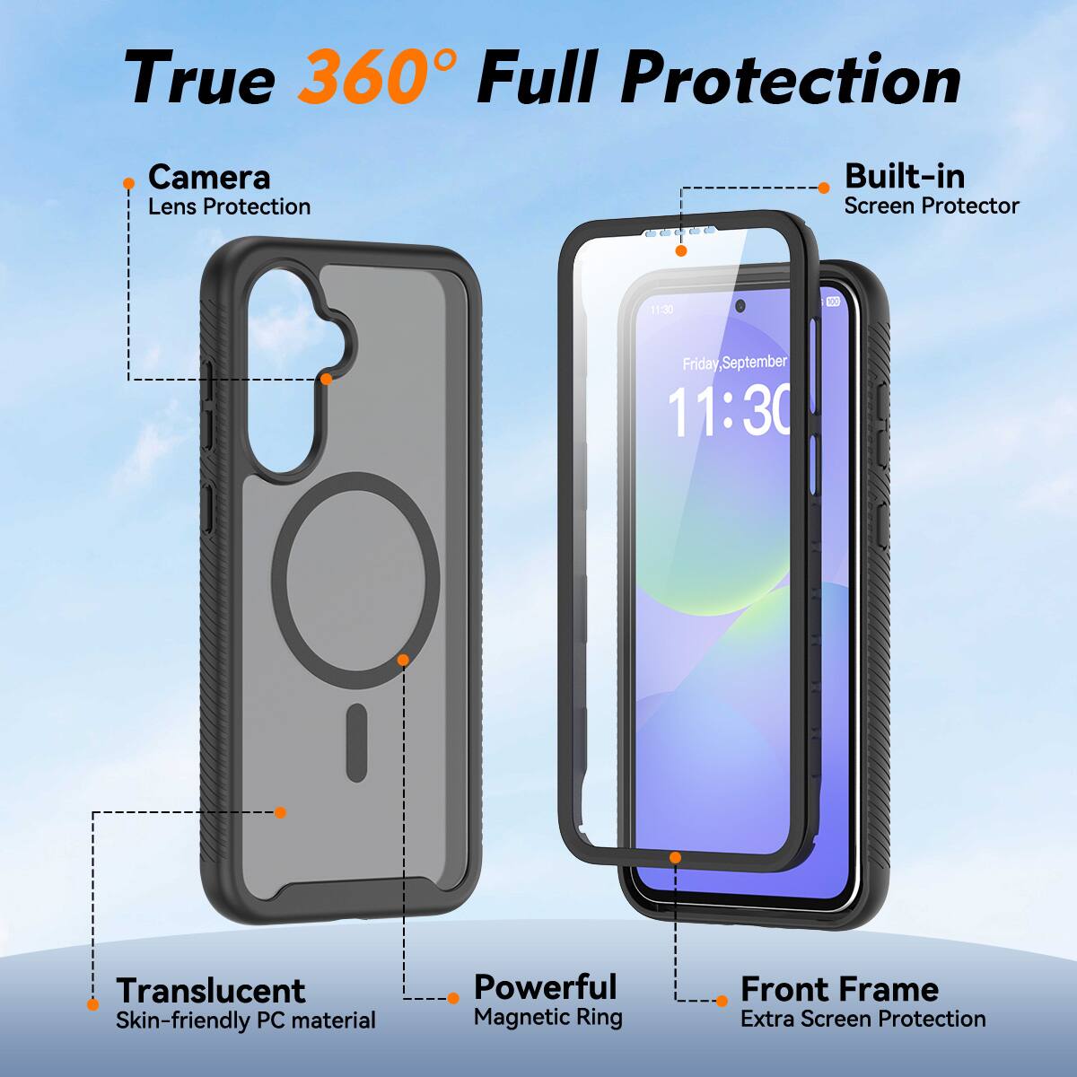 True 360° Full Protection

- Camera Lens Protection
- Built-in Screen Protector
- Translucent Skin-friendly PC material
- Powerful Magnetic Ring
- Front Frame Extra Screen Protection