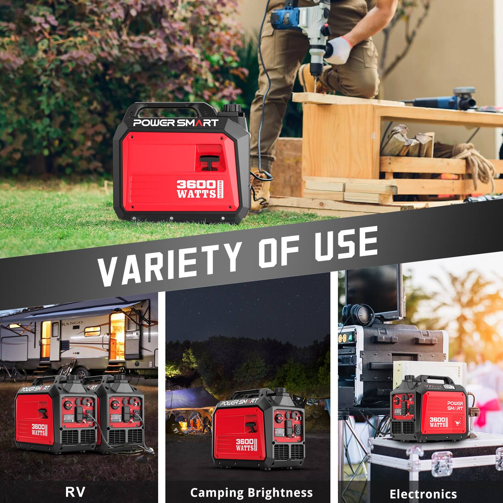 POWER SMART  
3600 WATTS INVERTER VARIETY OF USE RANGO H  
POWER SMART 3600 WATTS  
POWER SMART 3600 WATTS  
POWER SMART 3600 WATTS  
RV  
Camping Brightness  
Electronics