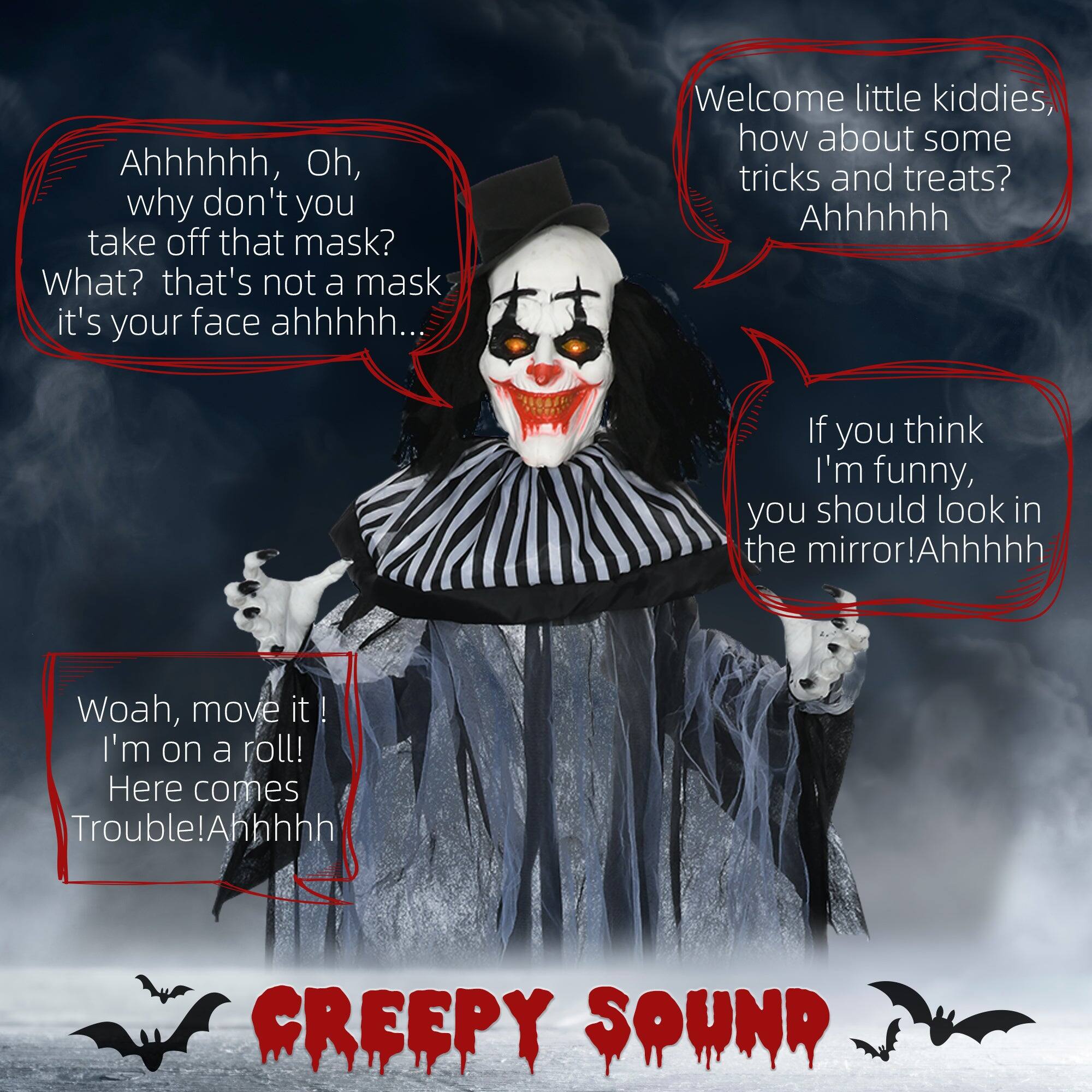 Ahhhhhh, Oh, why don't you take off that mask? What? that's not a mask it's your face ahhhh...

Welcome little kiddies, how about some tricks and treats? AHHHHHH

If you think I'm funny, you should look in the mirror! AHHHHH

Woah, move it! I'm on a roll! Here comes Trouble! AHHHHH

CREEPY SOUND