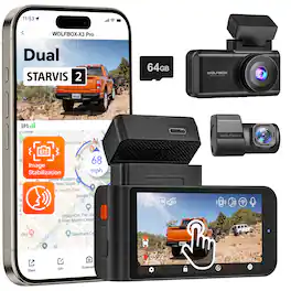 WOLFBOX - Front 1440P 60FPS and Rear 1440P Dash Cam, Dual STARVIS 2 IMX675 Dash Camera, ADAS, GPS,5.8GHz WiFi, 64GB Card - Black