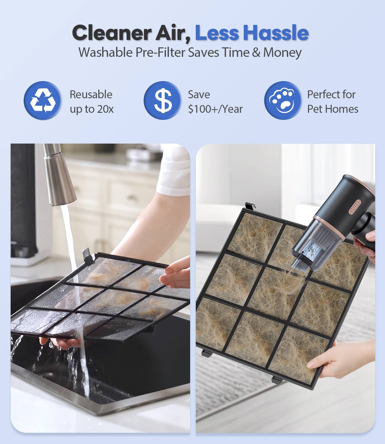 Cleaner Air, Less Hassle  
Washable Pre-Filter Saves Time & Money  

Reusable up to 20x  
Save $100+/Year  
Perfect for Pet Homes