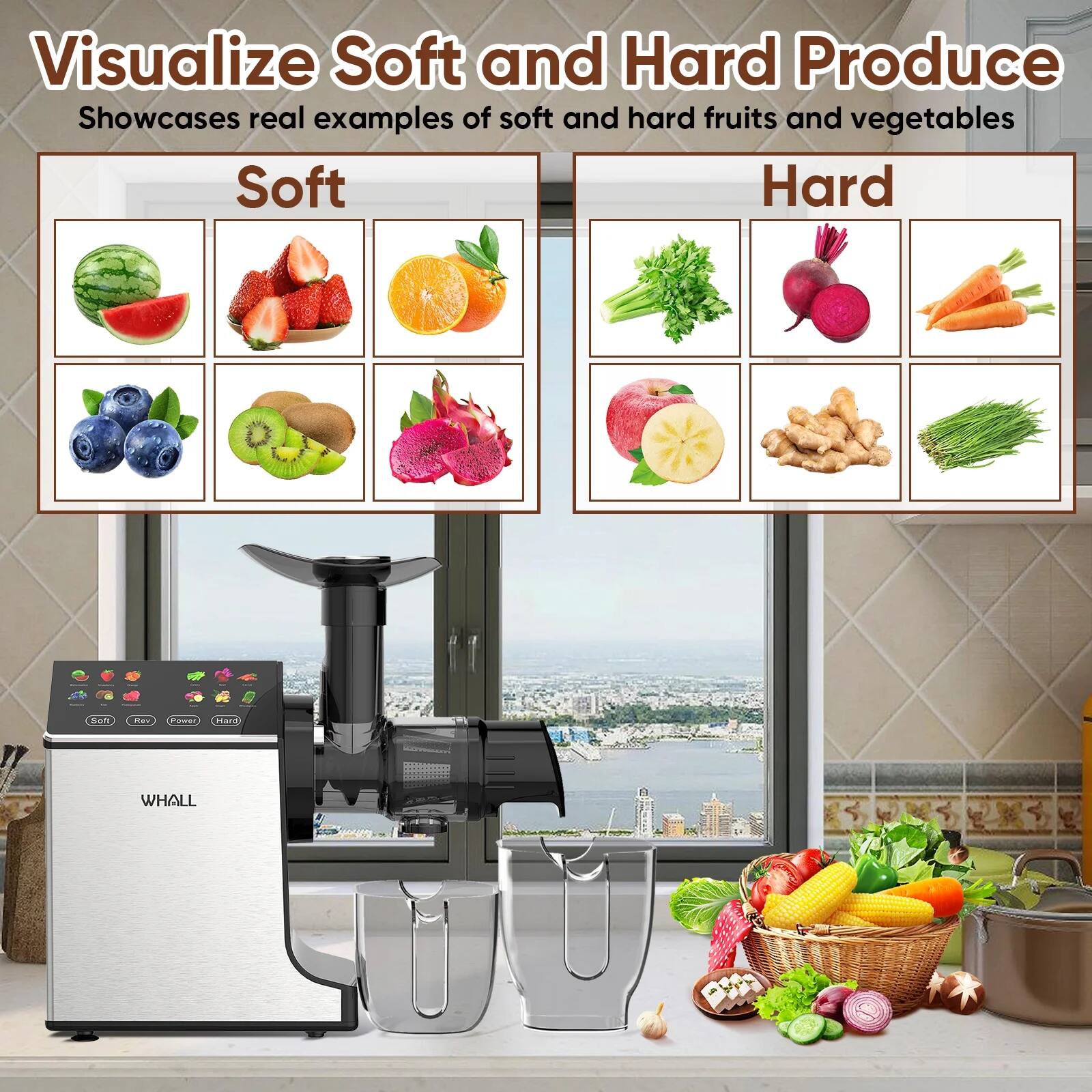 Visualize Soft and Hard Produce  
Showcases real examples of soft and hard fruits and vegetables  

Soft  
- Watermelon  
- Strawberries  
- Orange  
- Blueberries  
- Kiwi  
- Dragon Fruit  

Hard  
- Celery  
- Radish  
- Carrots  
- Apple  
- Ginger  
- Chives  

WHALL