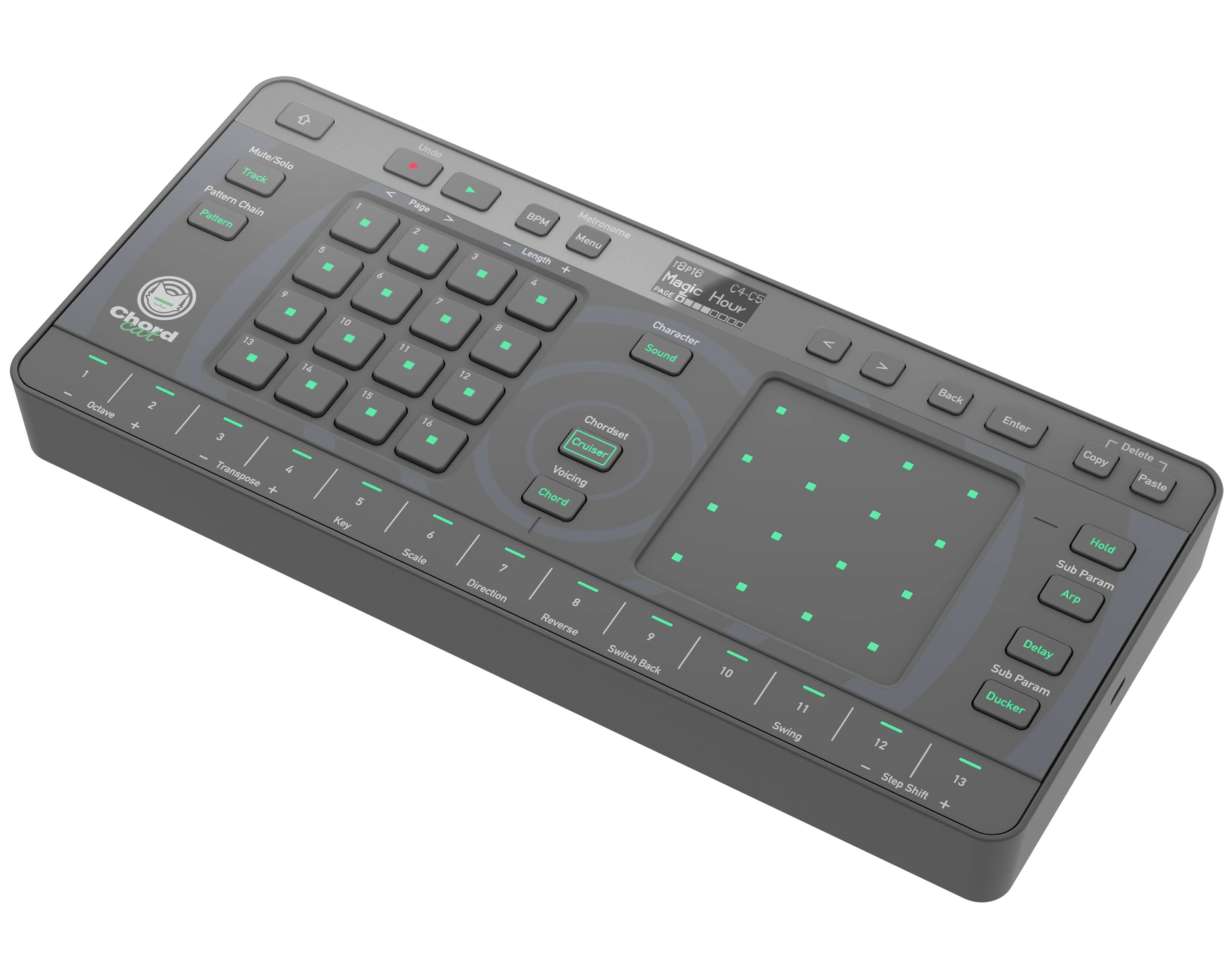 Mute/Solo Track Pattern Chain 1 Pattern 5 & 9 Chord 10 car 13 1 14 15 Octave 2 + 3 & Transpose + 5 Key Undo Page F 7 " 16 Scale BPM Metronome Menu Length T8P16 A Magic FACE C4-C5 Hour 6 Character Sound 12 Chordset Cruiser Voicing Chord Direction 8 Reverse 9 Switch Back 10 11 Swing Back Enter Copy Delete Paste Hold Sub Param Delay Sub Param Ducker 12 - Step 13 Shift