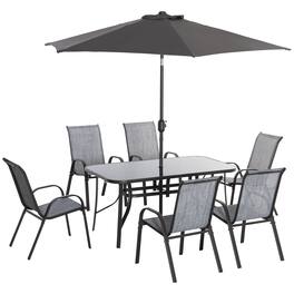 Outsunny - 8 Pieces Patio Furniture Set with 9Ft Patio Umbrella, Outdoor Dining Table and Chairs, 6 Chairs - Dark Gray