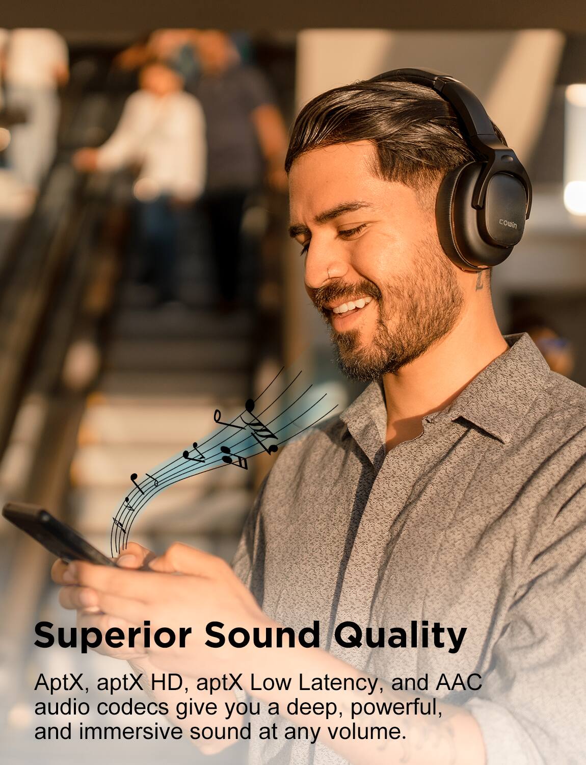 Superior Sound Quality

AptX, aptX HD, aptX Low Latency, and AAC audio codecs give you a deep, powerful, and immersive sound at any volume.