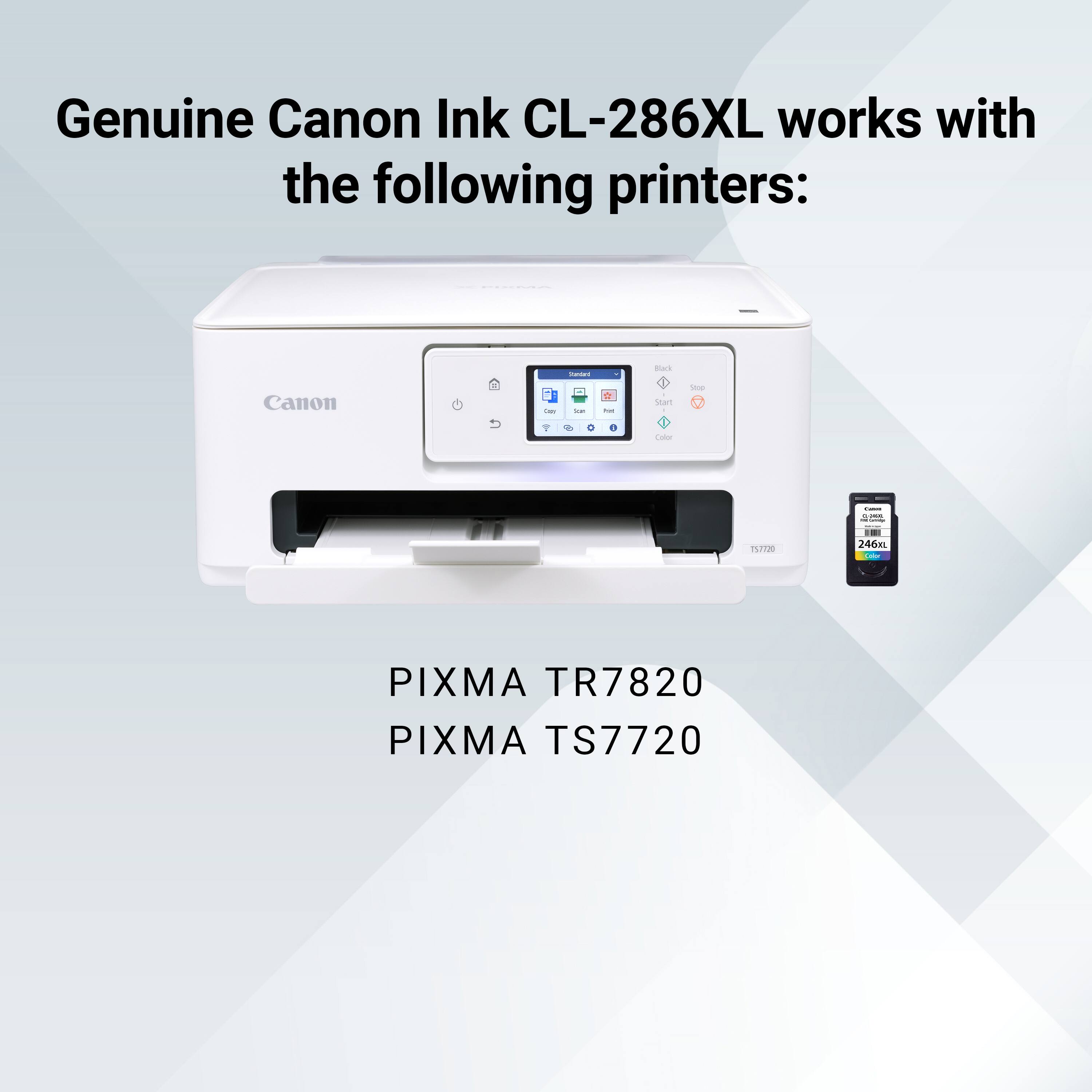 Genuine Canon Ink CL-286XL works with the following printers: Canon PIXMA TR7820, Canon PIXMA TS7720.