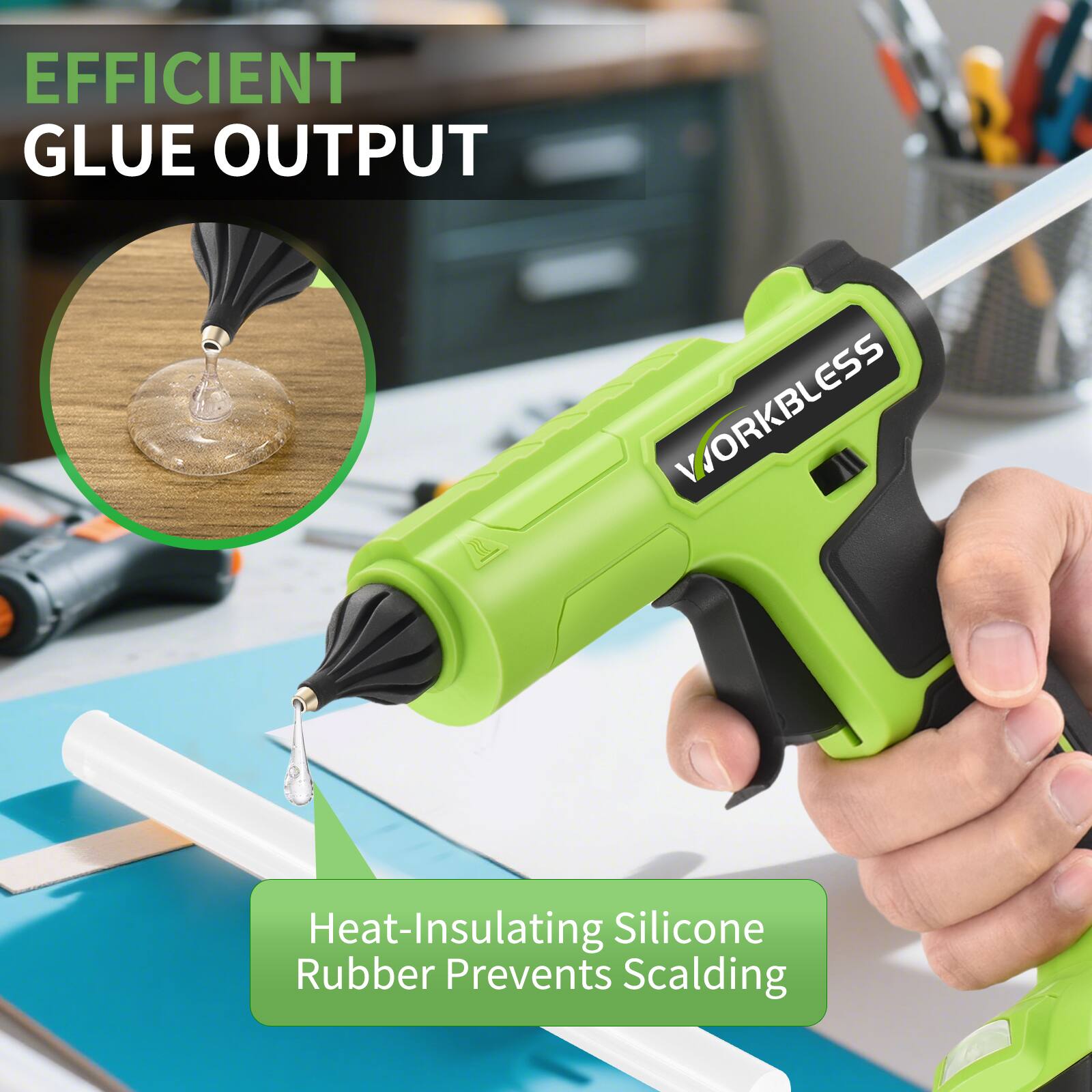 EFFICIENT GLUE OUTPUT

WORKLESS

Heat-Insulating Silicone Rubber Prevents Scalding
