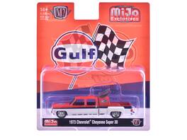 M2 - 1973 Chevrolet Cheyenne Super 30 Pickup Truck Gulf Oil Orange White Blue Stripes Limited Edition 9350pcs 1/64 Diecast - Orange and White with Blue