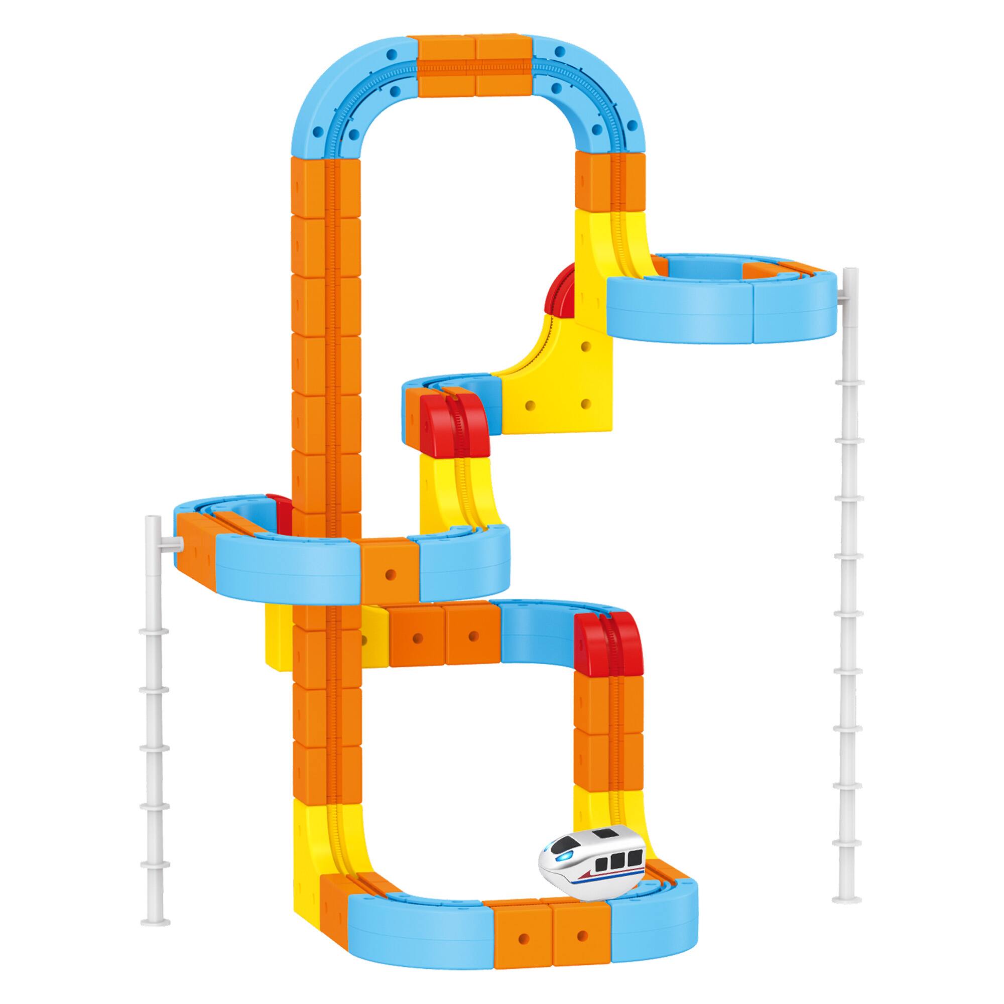 Angle. Contixo - MT5 3D Gear Track 147-Piece Building Block Railway with Remote Control Motorized Train, Ages 6+ - Blue and Orange.