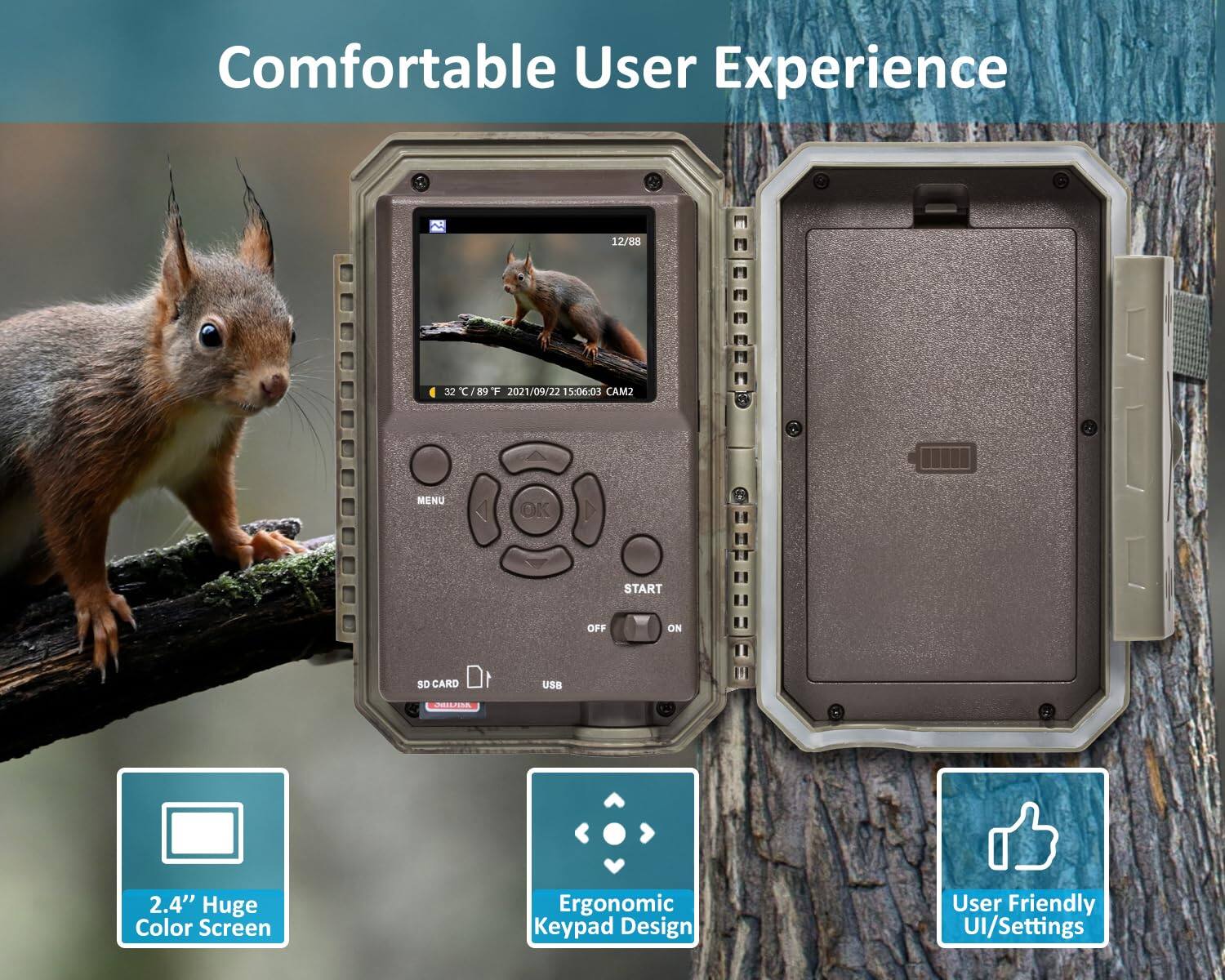 Comfortable User Experience

- 2.4" Huge Color Screen
- Ergonomic Keypad Design
- User Friendly UI/Settings

12/88 32 C/9 F 2021/09/22 15:06:03 CAM2 MENU OK START OFF ON 50 CARD USR