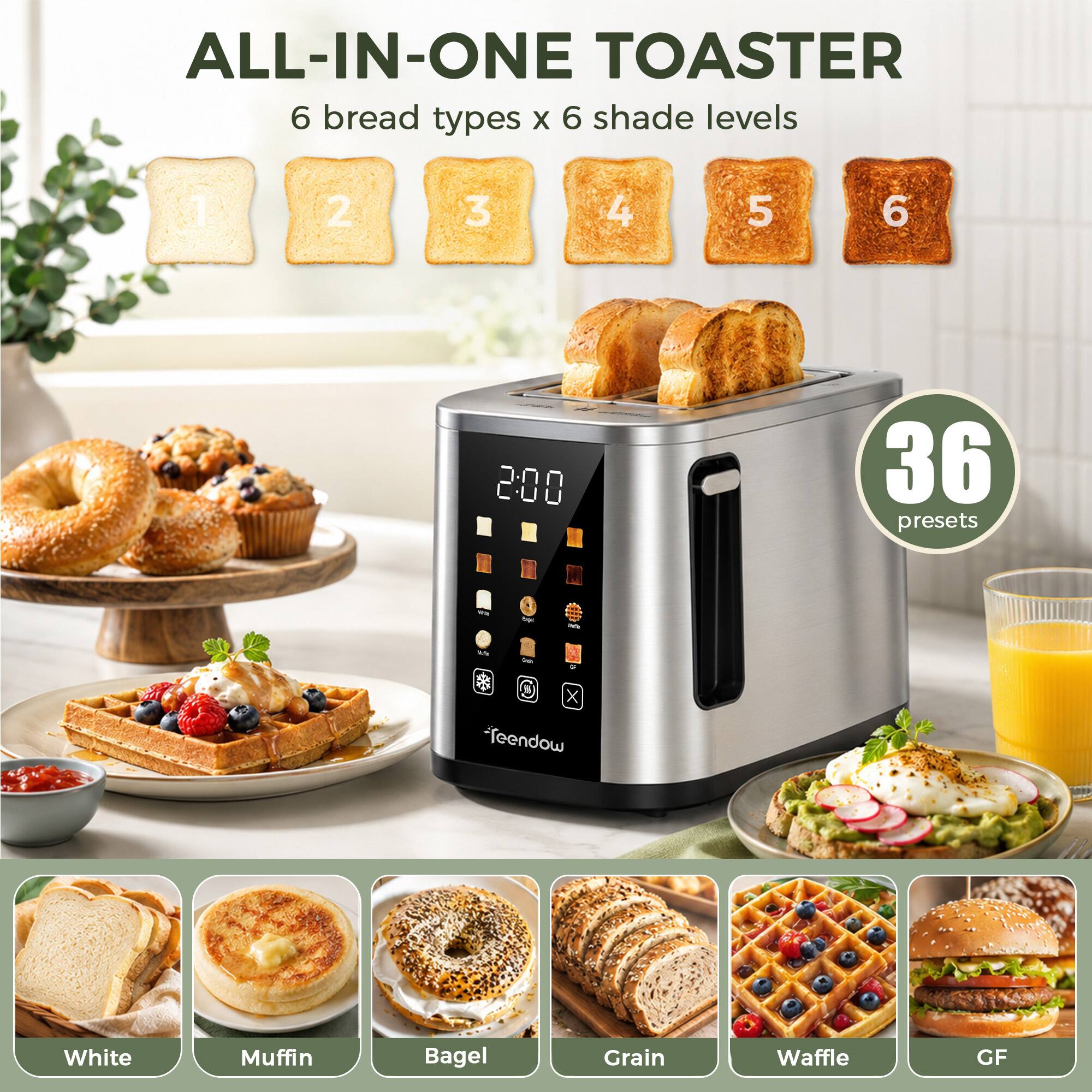 ALL-IN-ONE TOASTER  
6 bread types x 6 shade levels  
1  
2  
3  
4  
5  
6  
200  
36 presets  
-  
The  
Wave  
Onion  
X  
feendow  
White  
Muffin  
Bagel  
Grain  
Waffle  
GF