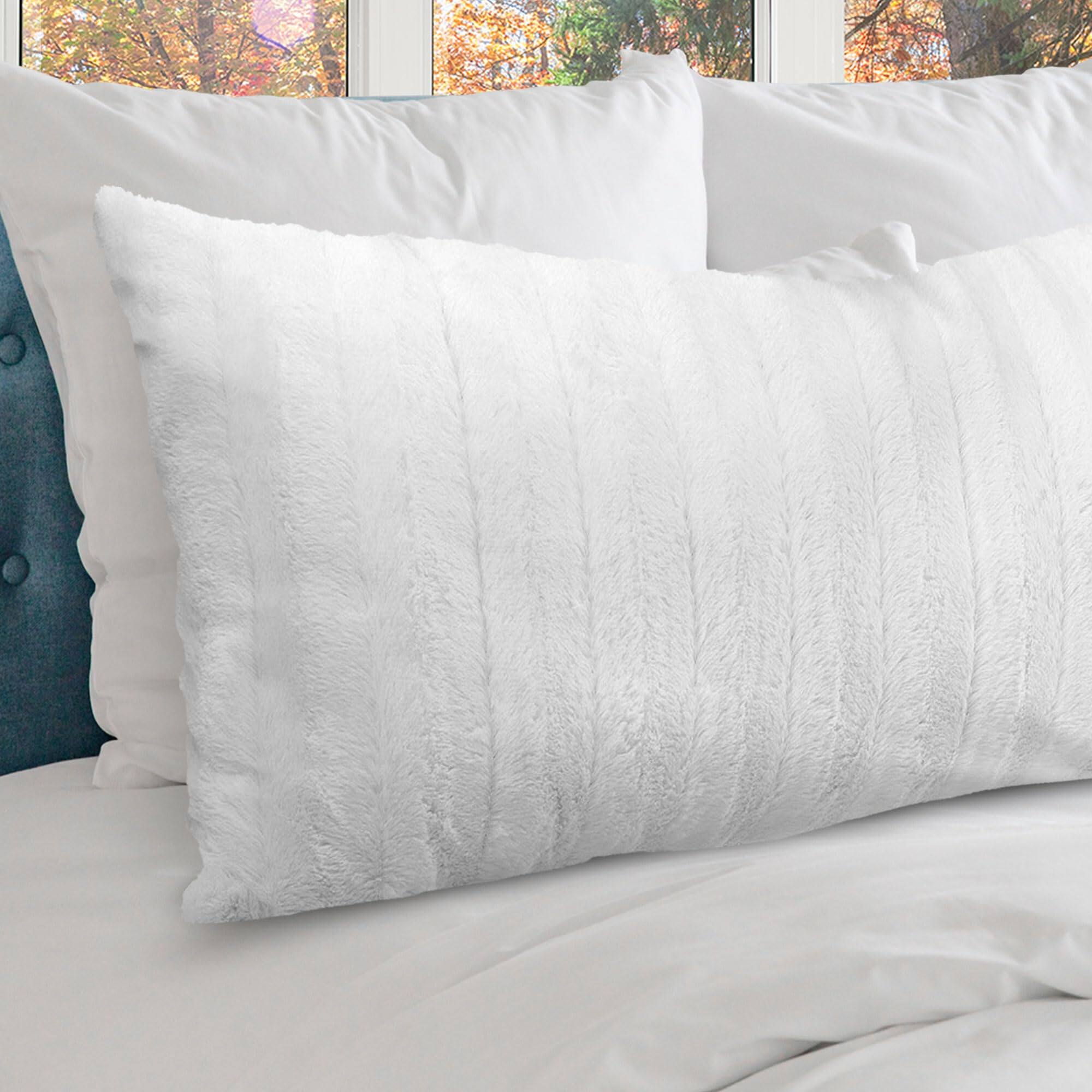 Left. Cheer Collection - Soft Faux Fur Body Pillow – 18x40-Inch Reversible Decorative Pillow with Removable Cover - White - White.