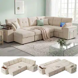 Dyonery - 7-Seat Modular Sectional Sleeper Sofa with Pull-Out Bed, Reclining Backrest, USB Ports, Table, LED Lights,Beige - Beige