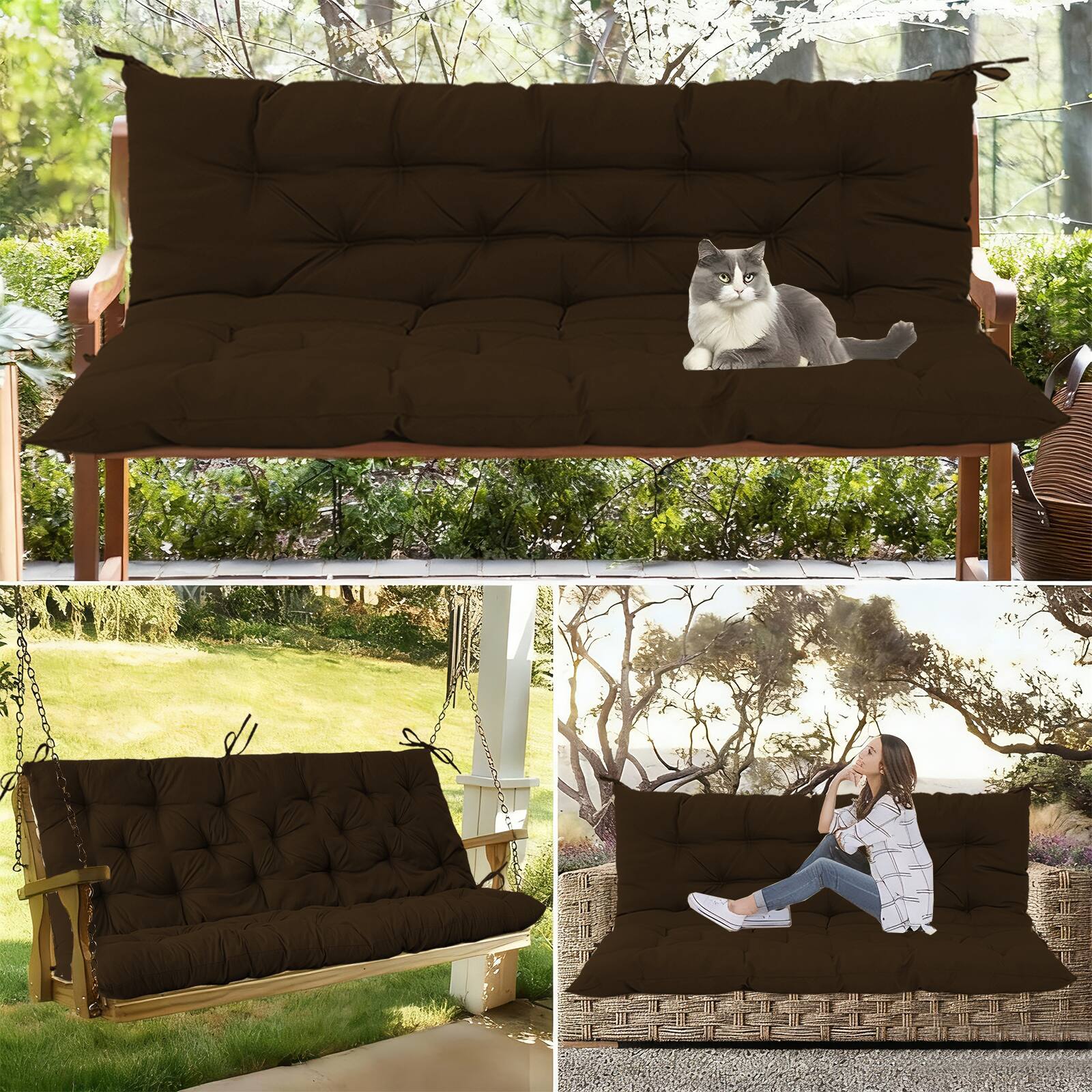 Alt View 3. Chateau Abodes - Outdoor Replacement Seat Cushions for 2-3 Person Swing & Bench, Waterproof Sofa Pads with Backrest for Patio Furniture - Brown-40x71.1in.
