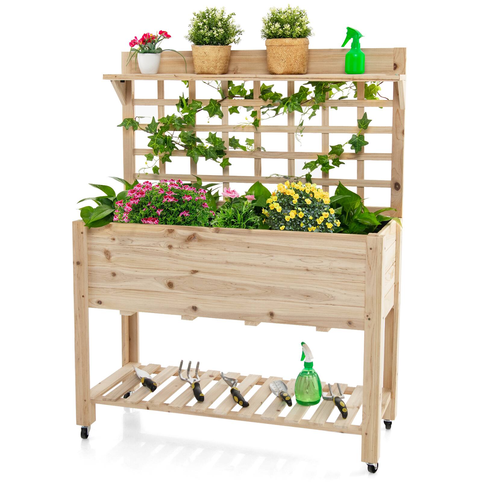 Costway - Raised Garden Bed with Trellis Mobile Elevated Planter Box with Wheels Bed Liner Top/Bottom Storage Shelves - Natural